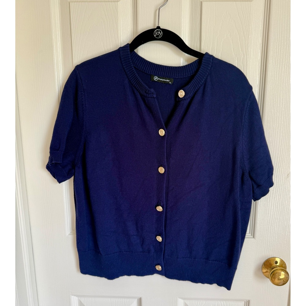 Free Assembly Navy Blue Short Sleeve Cardigan Gold Crest Buttons‎ Womens XL